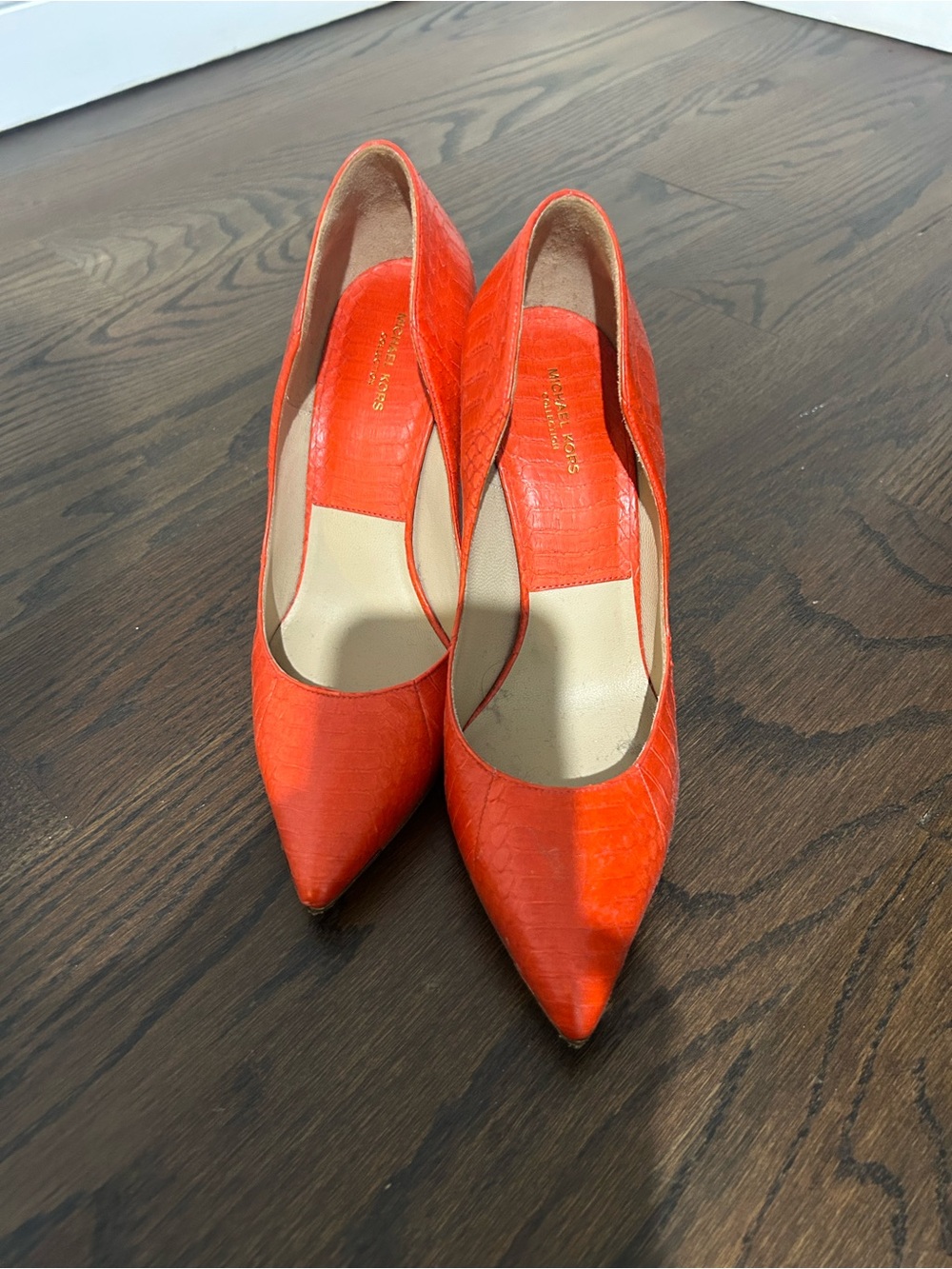 Michael Kors Bright Orange Croc-Embossed Pointed Pumps